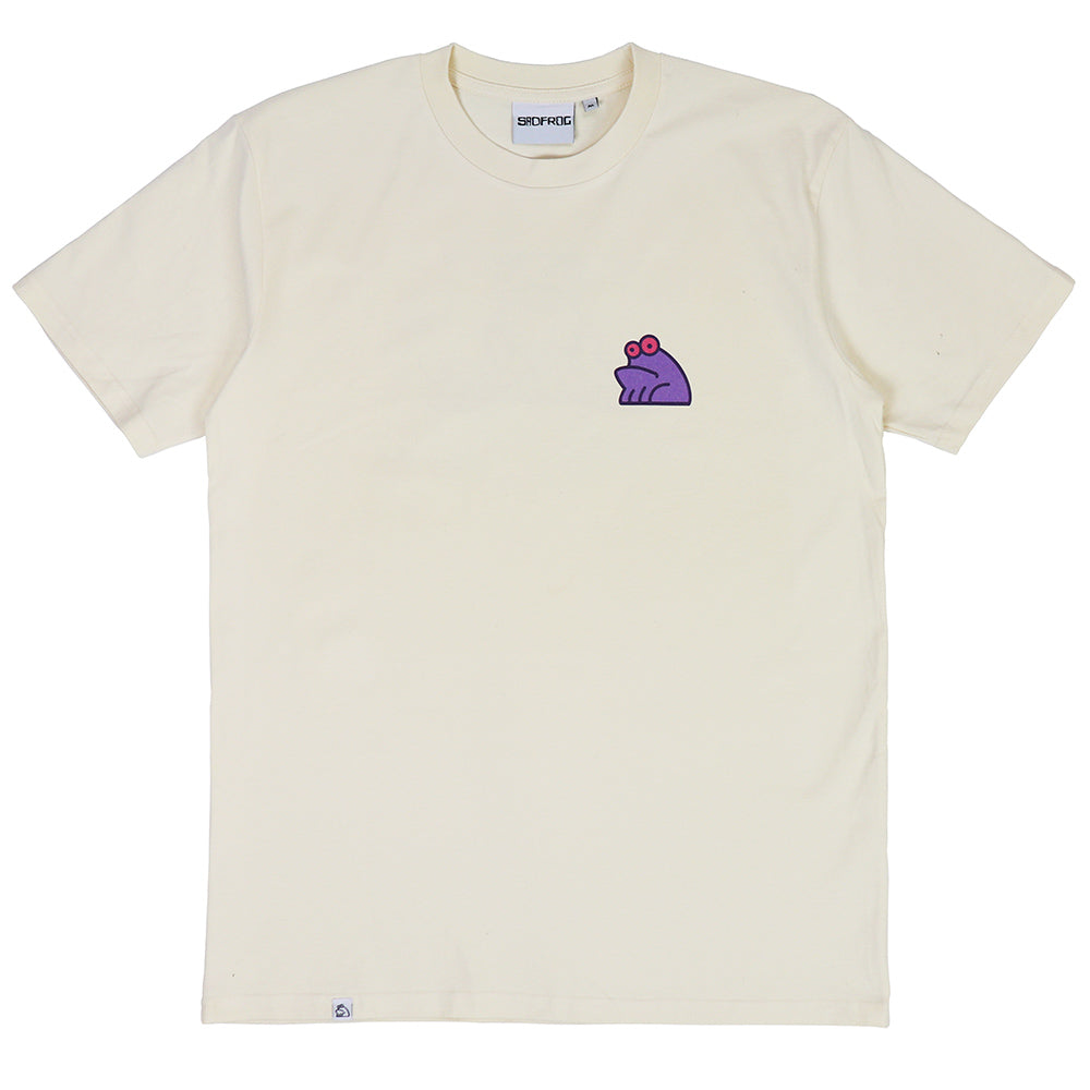 Front view showing the small chest print of the sadfrog logo on ecru T-Shirt in a heavy weight 220gsm 100% combed cotton.